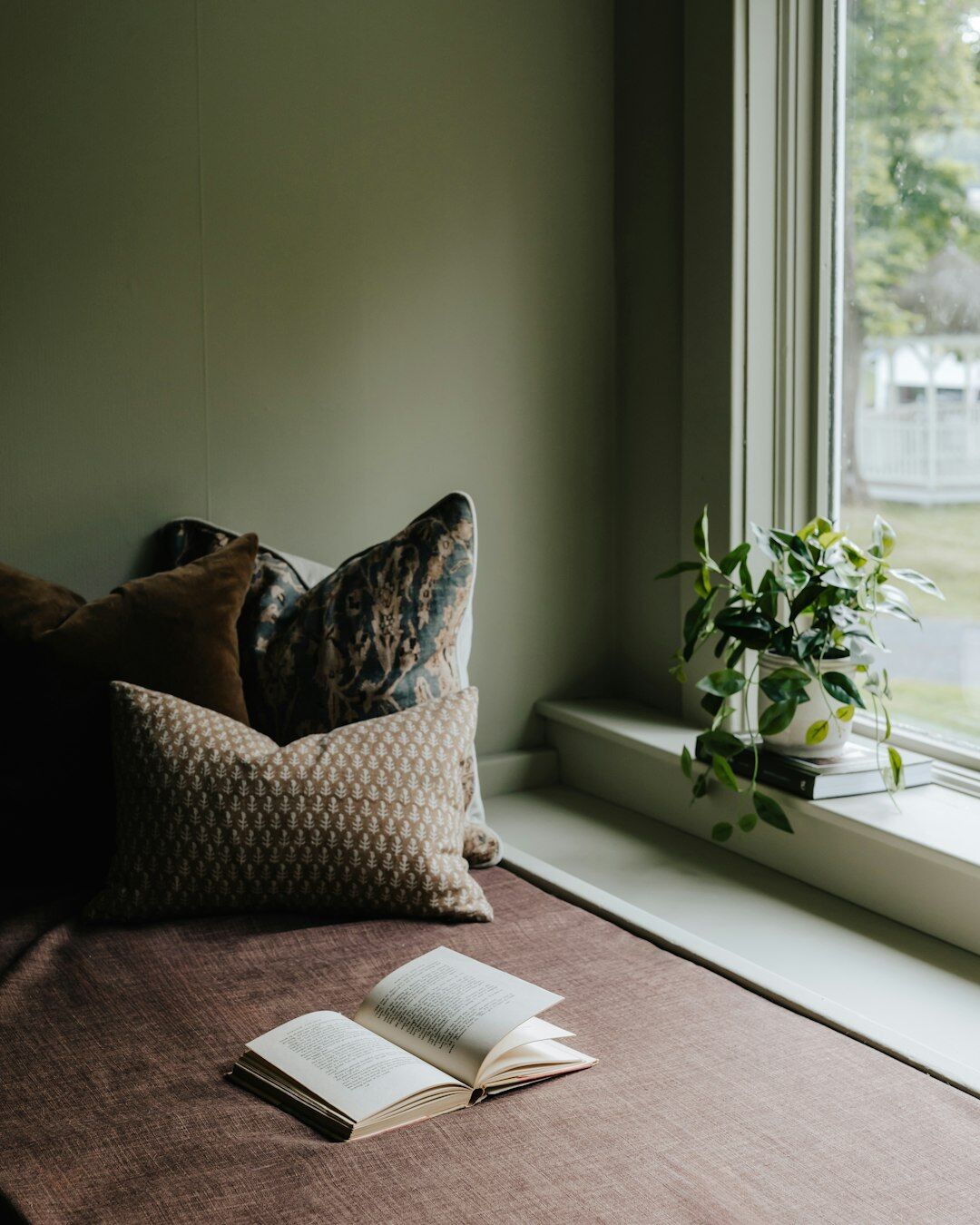 cozy reading nook with book