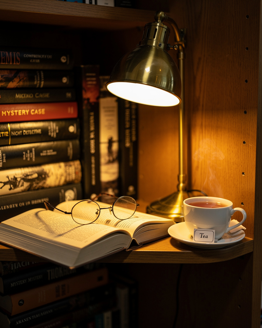 Cozy reading corner with stacked detective novels and a warm lamp