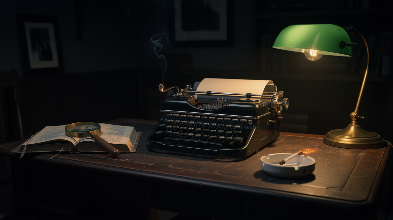 Noir style writing desk with typewriter, magnifying glass and an open detective novel